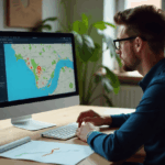 Een man kijkt naar de laptop en overziet de binnengekregen data