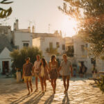 Een groep vrienden loopt hand in hand door een zonnig pleintje tussen witte huizen tijdens een gezamenlijke vakantie in Puglia
