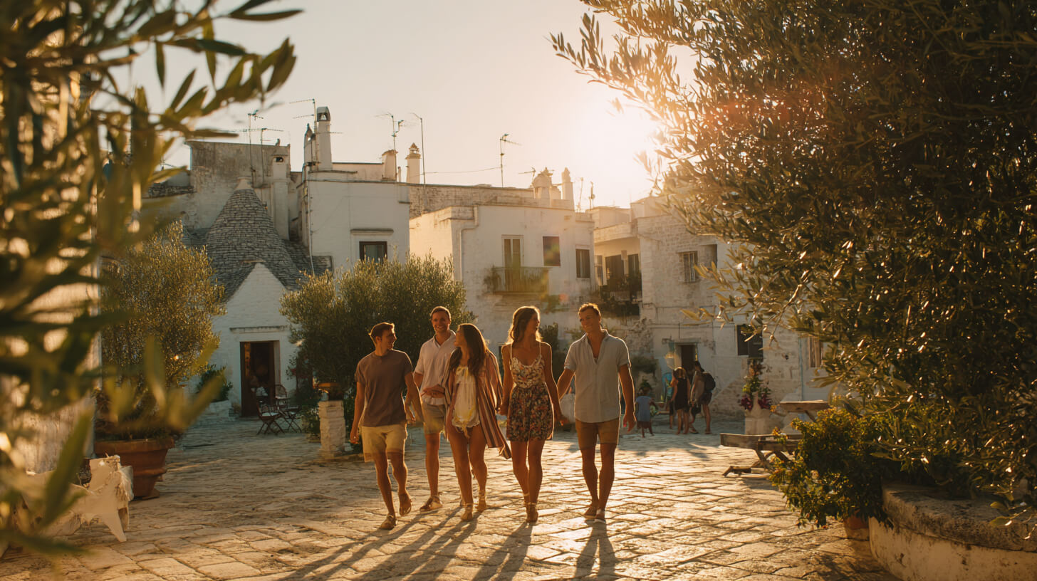 Een groep vrienden loopt hand in hand door een zonnig pleintje tussen witte huizen tijdens een gezamenlijke vakantie in Puglia