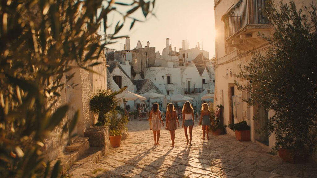 Vriendinnen wandelen samen door een zonverlichte straat in een wit dorp in Puglia tijdens een vakantie met de groep