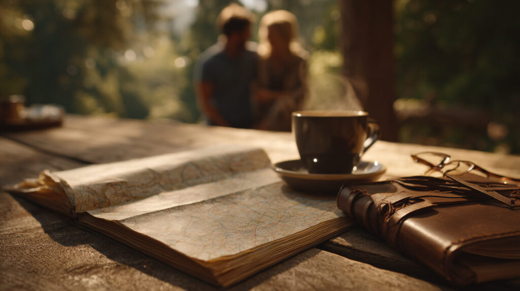Een opengeslagen kaart en reisdagboek met koffie op een houten tafel, terwijl reisgenoten op de achtergrond de route bespreken