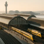 Druk openbaar vervoer station met treinen en passagiers