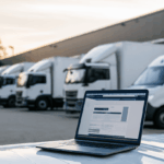 Wagenpark van een transportbedrijf met een laptop waarop de bedrijfswebsite te zien is